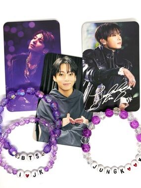 (6pcs) BTS JUNGKOOK BIAS PURPLE BRACELET AND PHOTOCARD BUNDLE